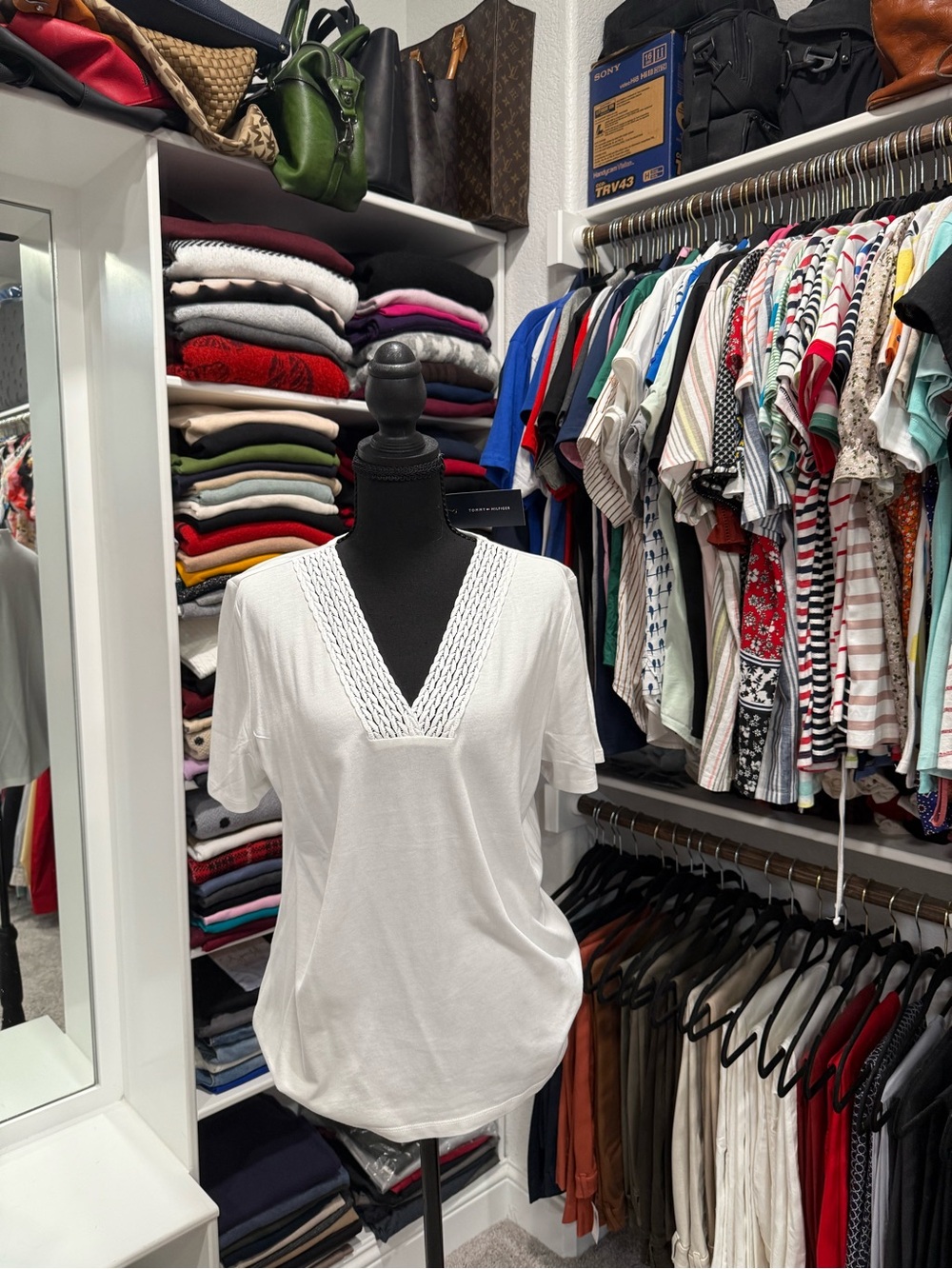 Tommy Hilfiger White V-Neck Short Sleeve Top with Lace Trim